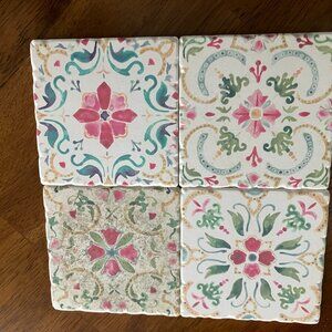 🌸 Set of 4 Decorative Ceramic Tiles – Vintage Floral Motif